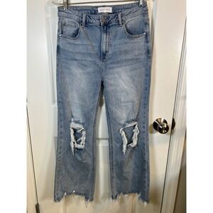 Risen Jeans Womens Distressed Straight Leg High Rise Raw Hem Jeans Size 13 31